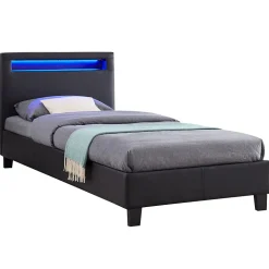 Lit LED simple LUCENO 90x190 cm, avec sommier, revêtement synthétique noir