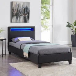 Lit LED simple LUCENO 90x190 cm, avec sommier, revêtement synthétique noir