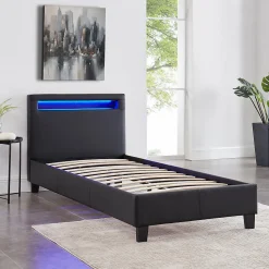 Lit LED simple LUCENO 90x190 cm, avec sommier, revêtement synthétique noir