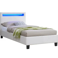 Lit LED simple LUCENO 90x190 cm, avec sommier, revêtement synthétique blanc