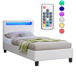 Lit LED simple LUCENO 90x190 cm, avec sommier, revêtement synthétique blanc