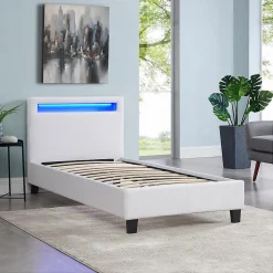 Lit LED simple LUCENO 90x190 cm, avec sommier, revêtement synthétique blanc