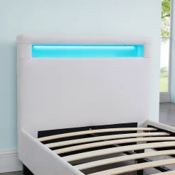 Lit LED simple LUCENO 90x190 cm, avec sommier, revêtement synthétique blanc