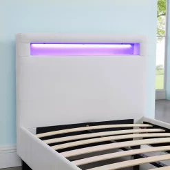Lit LED simple LUCENO 90x190 cm, avec sommier, revêtement synthétique blanc