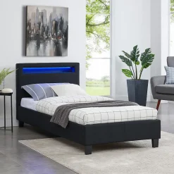 Lit LED simple MOLINA 90x190 cm, avec sommier, revêtement tissu noir