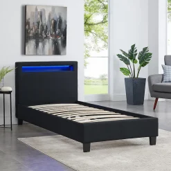 Lit LED simple MOLINA 90x190 cm, avec sommier, revêtement tissu noir