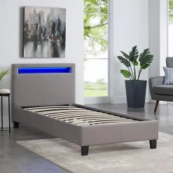 Lit LED simple MOLINA 90x190 cm, avec sommier, revêtement tissu gris