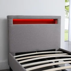 Lit LED simple MOLINA 90x190 cm, avec sommier, revêtement tissu gris