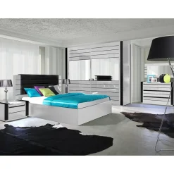 Lit LINA blanc et noir brillant 180 cm avec sommier et tete de lit en simili cuir noir