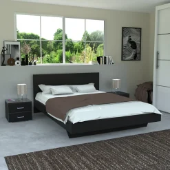 Lit LOFT 160x200 + 2 chevets + sommier + tête de lit / Noir