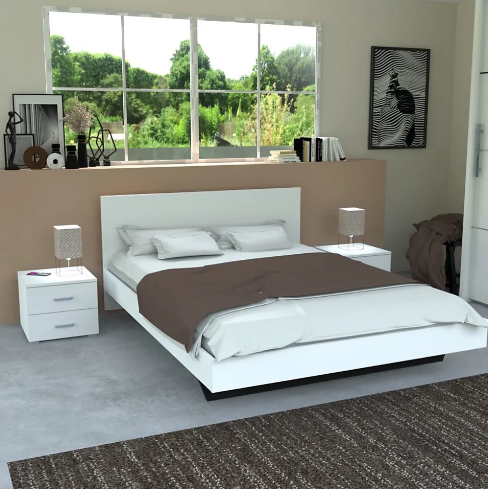 Lit LOFT 160x200 + 2 chevets + sommier + tête de lit / Blanc