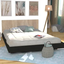 Lit LOFT 160x200 + 1 sommier + tête de lit / Décor Noir & chêne blanchi