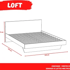 Lit LOFT 140x190 + 1 sommier + tête de lit / Décor Chêne blanchi