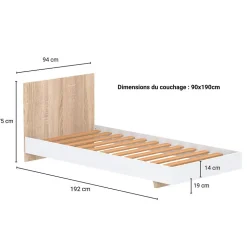 Lit LOFT 90x190 cm + sommier / Décor Blanc & chêne blanchi