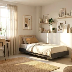 Lit LOFT 90x190 cm + sommier / Décor Noir & chêne blanchi