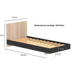 Lit LOFT 90x190 cm + sommier / Décor Noir & chêne blanchi