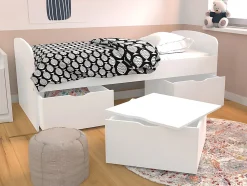 Lit LOUANE avec 2 tiroirs et 1 coffre de rangement - 90 x 190 cm - Blanc