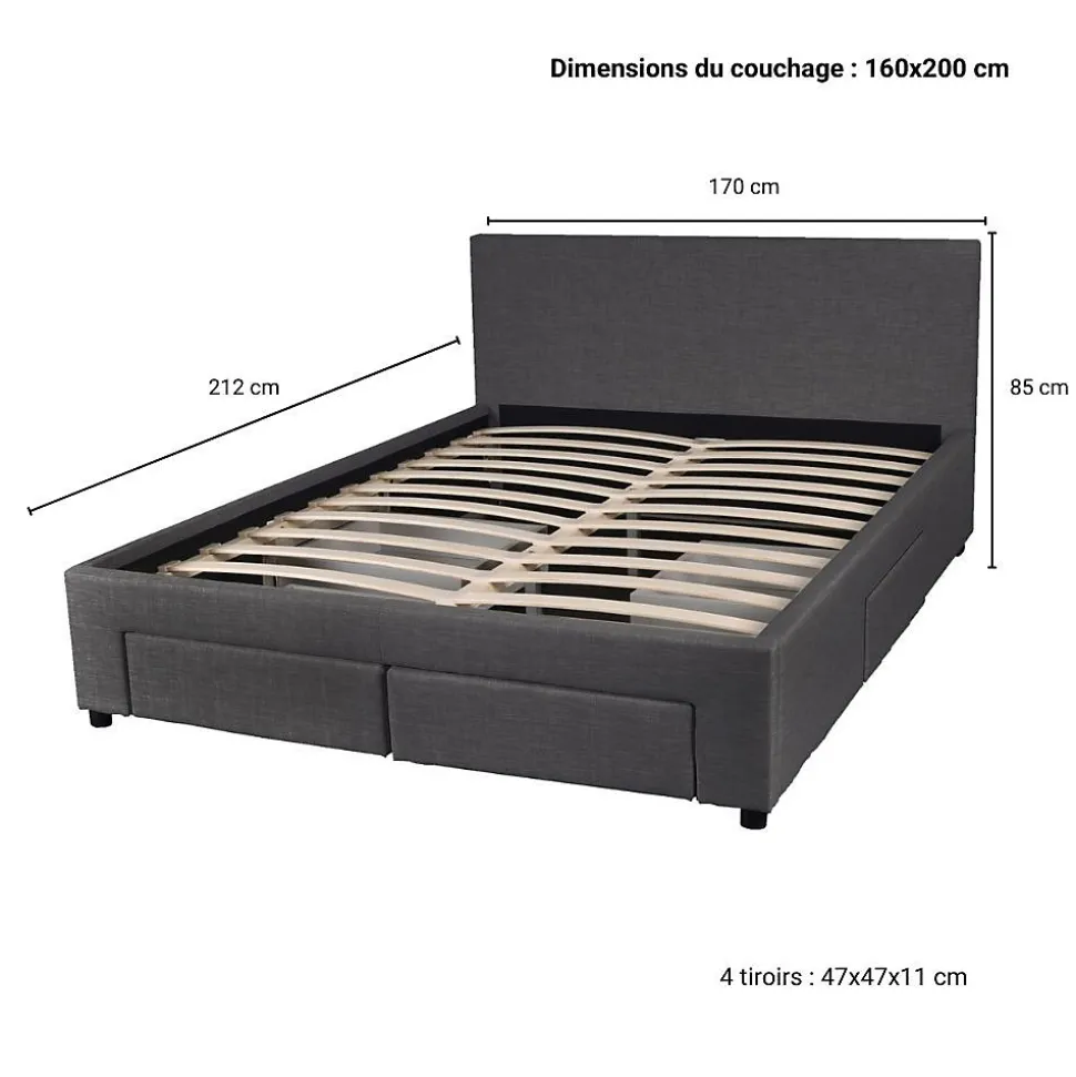 Lit LUGANO 160x200 + 1 sommier + 4 tiroirs / Gris foncé