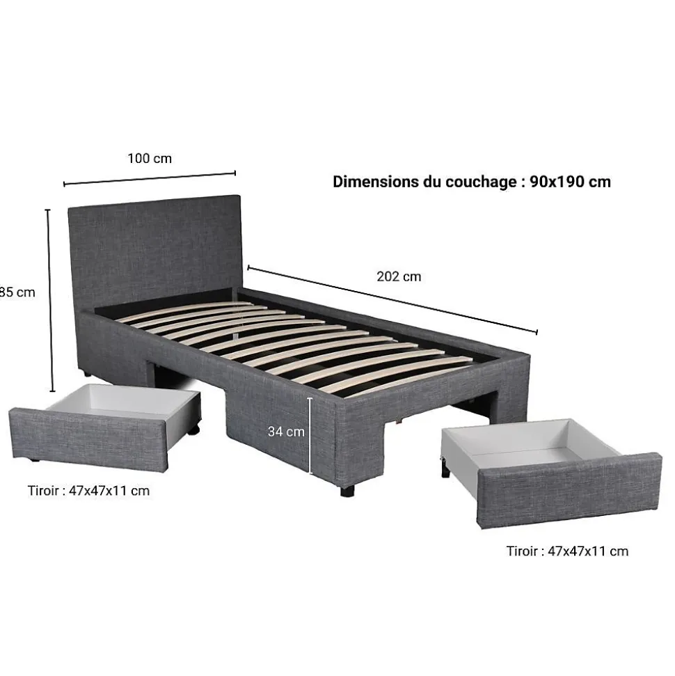 Lit LUGANO 90x190 + 1 sommier + 2 tiroirs / Gris foncé