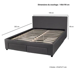Lit LUGANO 140x190 + 1 sommier + 4 tiroirs / Gris foncé