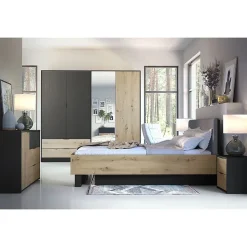 Lit MELODY 160x200 cm Tete de lit rembourrée Noir graphite et chene clair Sommier et matelas non inclus