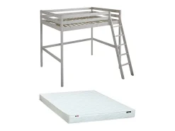 Lit mezzanine - 140 x 190 cm - Pin massif - Blanchi + matelas -GEDEON II