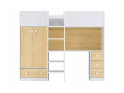 Lit mezzanine 90 x 190 cm avec armoire et bureau - Blanc et naturel - CINAMO