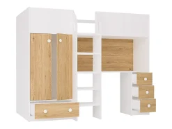 Lit mezzanine 90 x 190 cm avec armoire et bureau - Blanc et naturel - CINAMO