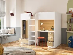 Lit mezzanine 90 x 190 cm avec armoire et bureau - Blanc et naturel - CINAMO