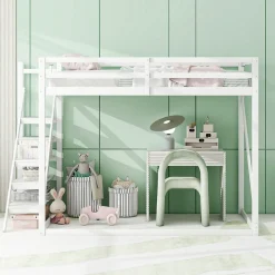 Lit Mezzanine - Lit enfant 140x200 cm avec Escalier Sécurisé, Structure Robuste MDF et Bois de Pin, Couleur Blanc