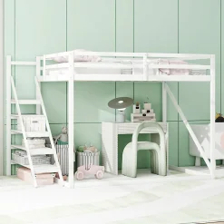 Lit Mezzanine - Lit enfant 140x200 cm avec Escalier Sécurisé, Structure Robuste MDF et Bois de Pin, Couleur Blanc