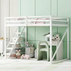 Lit Mezzanine - Lit enfant 140x200 cm avec Escalier Sécurisé, Structure Robuste MDF et Bois de Pin, Couleur Blanc