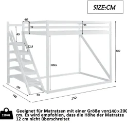 Lit Mezzanine - Lit enfant 140x200 cm avec Escalier Sécurisé, Structure Robuste MDF et Bois de Pin, Couleur Blanc