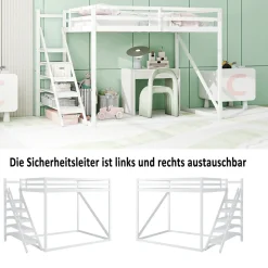 Lit Mezzanine - Lit enfant 140x200 cm avec Escalier Sécurisé, Structure Robuste MDF et Bois de Pin, Couleur Blanc