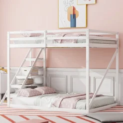 Lit Mezzanine - Lit enfant 140x200 cm avec Escalier Sécurisé, Structure Robuste MDF et Bois de Pin, Couleur Blanc