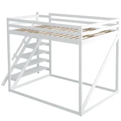 Lit Mezzanine - Lit enfant 140x200 cm avec Escalier Sécurisé, Structure Robuste MDF et Bois de Pin, Couleur Blanc