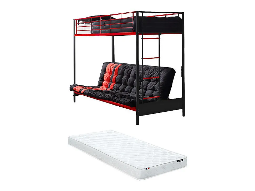 Lit mezzanine 90 x 190 cm - Avec banquette convertible - Métal - Noir et Rouge + Futon + Matelas - MODULO V