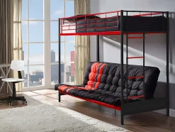 Lit mezzanine 90 x 190 cm - Avec banquette convertible - Métal - Noir et Rouge + Futon + Matelas - MODULO V