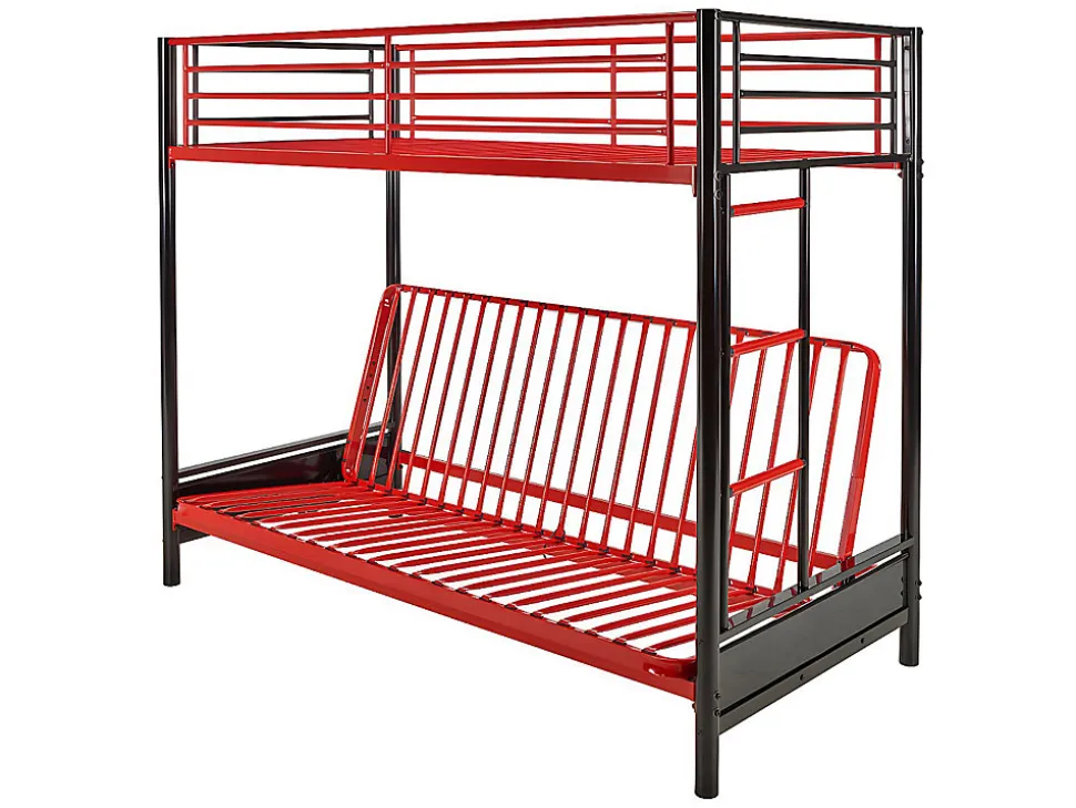 Lit mezzanine 90 x 190 cm - Avec banquette convertible - Métal - Noir et Rouge + Futon + Matelas - MODULO V