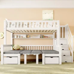 Lit Mezzanine 90 x 200 cm - avec Bureau et Lit Supplémentaire 2-en-1, Échelle de Rangement - Pin et MDF - Sans Matelas - Blanc