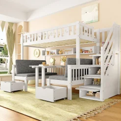 Lit Mezzanine 90 x 200 cm - avec Bureau et Lit Supplémentaire 2-en-1, Échelle de Rangement - Pin et MDF - Sans Matelas - Blanc