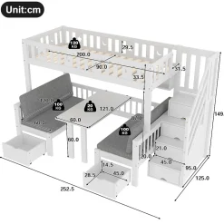 Lit Mezzanine 90 x 200 cm - avec Bureau et Lit Supplémentaire 2-en-1, Échelle de Rangement - Pin et MDF - Sans Matelas - Blanc