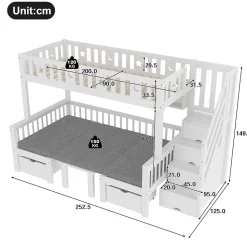 Lit Mezzanine 90 x 200 cm - avec Bureau et Lit Supplémentaire 2-en-1, Échelle de Rangement - Pin et MDF - Sans Matelas - Blanc
