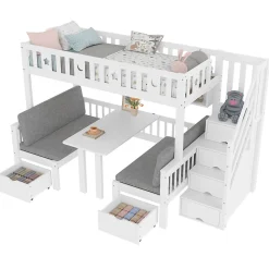 Lit Mezzanine 90 x 200 cm - avec Bureau et Lit Supplémentaire 2-en-1, Échelle de Rangement - Pin et MDF - Sans Matelas - Blanc