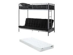 Lit mezzanine 90 x 190 cm - Avec banquette convertible - Métal - Argent + Futon + Matelas - MODULO V