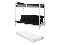 Lit mezzanine 90 x 190 cm - Avec banquette convertible - Métal - Blanc + Futon + Matelas - MODULO V