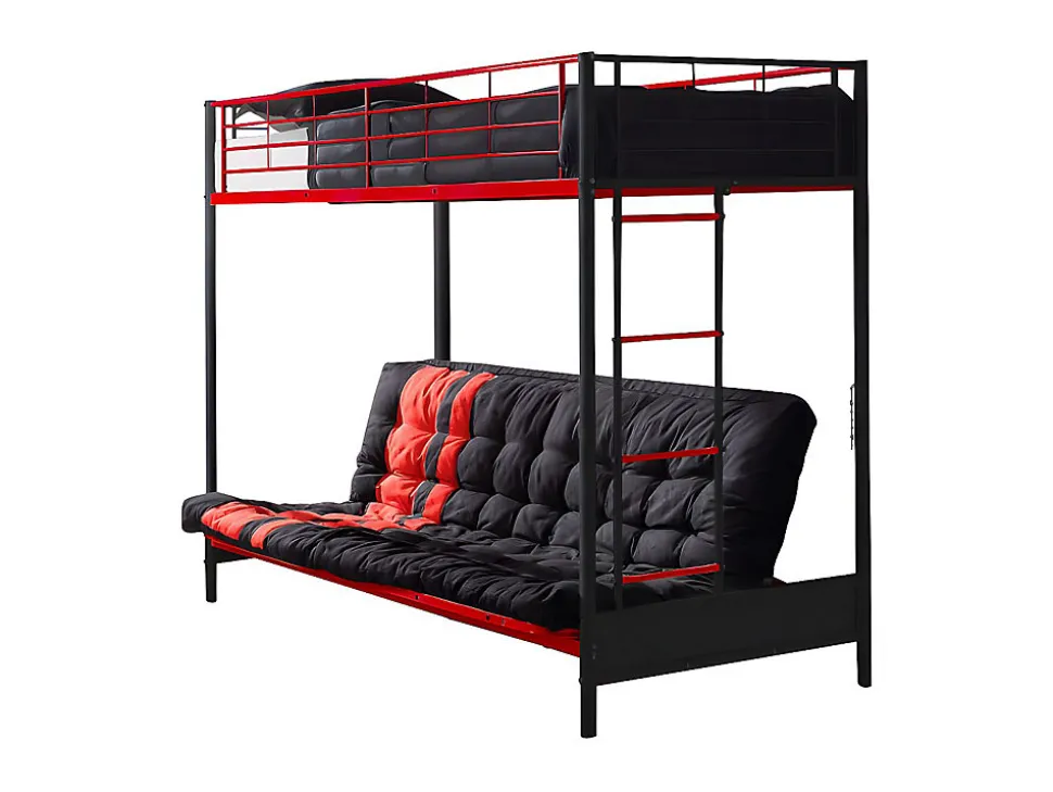 Lit mezzanine 90 x 190 cm - Avec banquette convertible - Métal - Noir et rouge + Futon - MODULO V