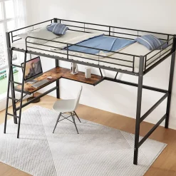 Lit Mezzanine 90 x 200 cm - Lit Simple avec Bureau en L et Étagère - Métal + MDF - Sans Matelas - Noir