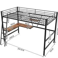 Lit Mezzanine 90 x 200 cm - Lit Simple avec Bureau en L et Étagère - Métal + MDF - Sans Matelas - Noir
