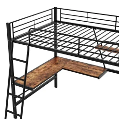Lit Mezzanine 90 x 200 cm - Lit Simple avec Bureau en L et Étagère - Métal + MDF - Sans Matelas - Noir